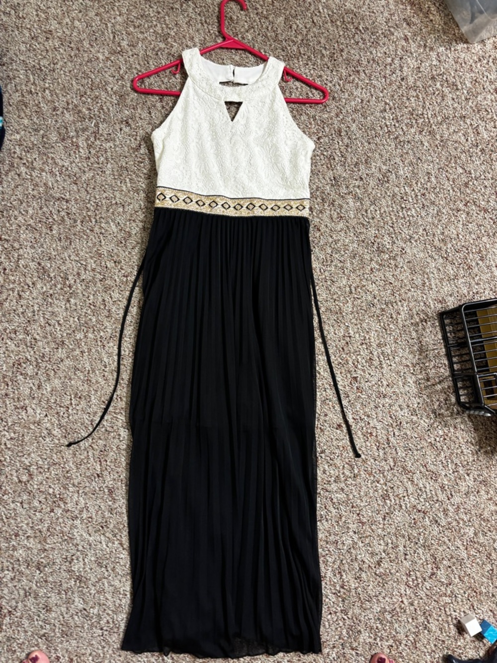 Sleeveless Ivory and Black Maxi Dress with Embellished Waist